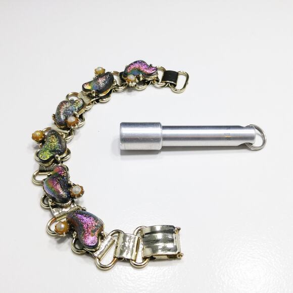 Vintage Holographic Art Glass Bracelet, Book Chain, Faux Pearls, 1960s Jewelry - Picture 7 of 10